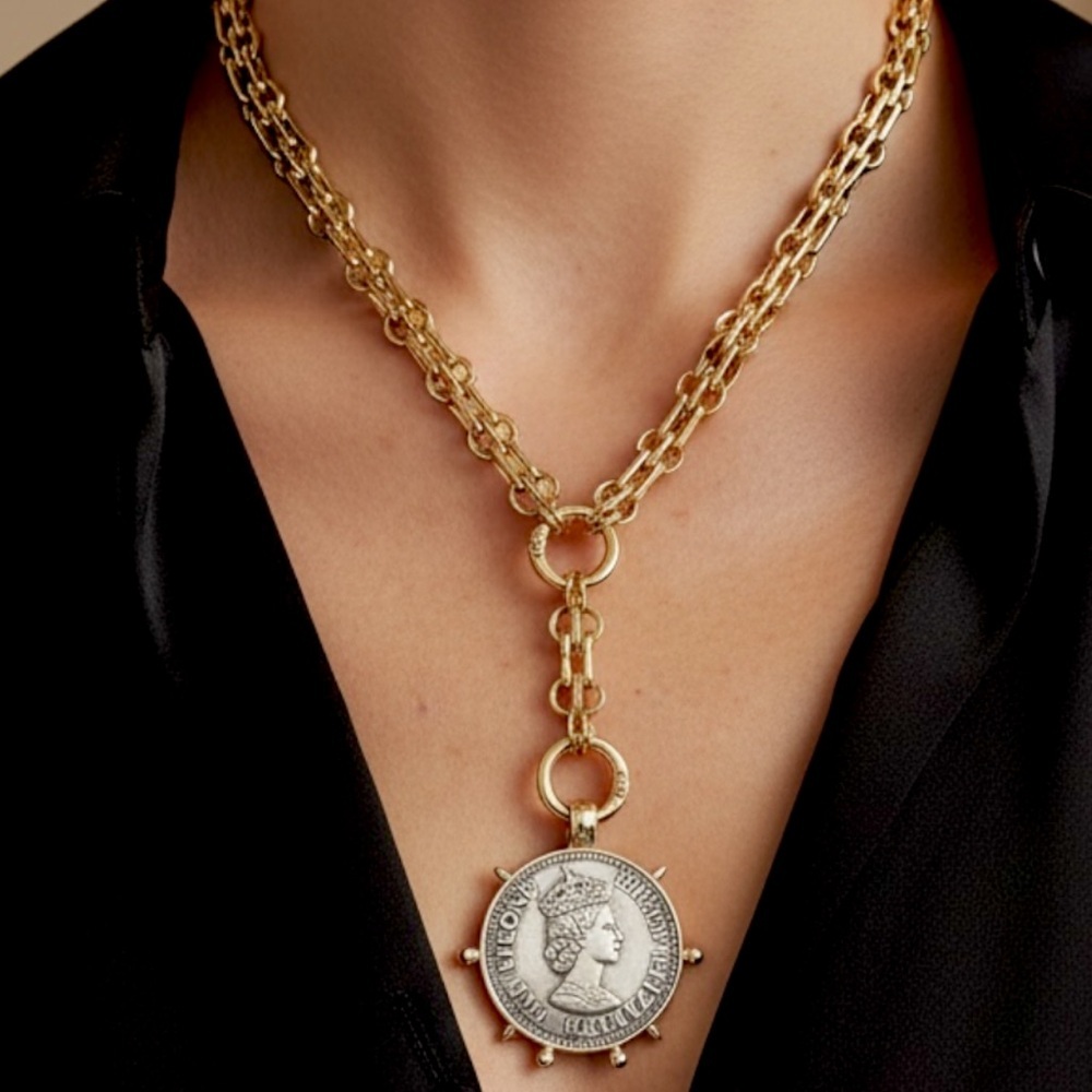Gold Plated Queen Elizabeth II Coin Necklace – Silver Coin Y Lariat - Picture 4 of 5